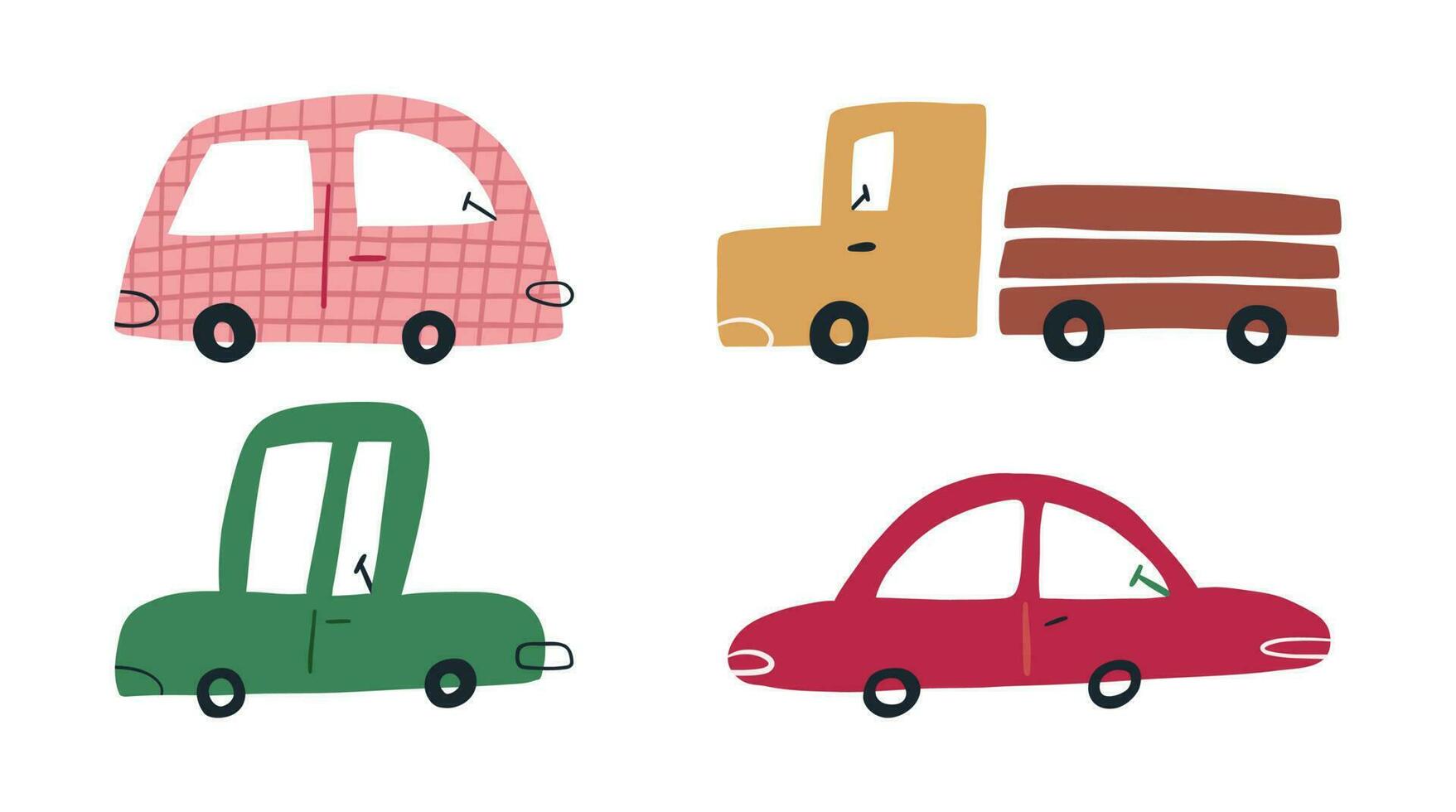 conjunto do fofa infantil carros, desenho animado plano vetor ilustração isolado em branco fundo. mão desenhado transporte veículos. simples desenhos do carros para crianças.