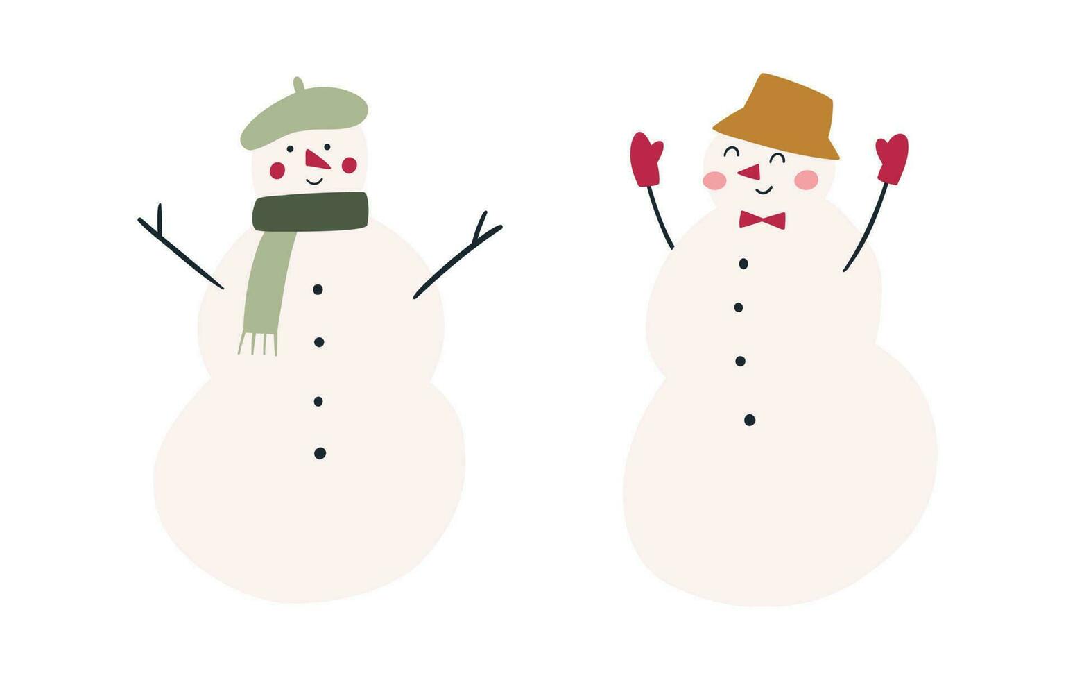 conjunto do fofa e engraçado bonecos de neve, desenho animado plano vetor ilustração isolado em branco fundo. alegre boneco de neve vestindo lenço, chapéu e luvas. Natal personagem desenho.