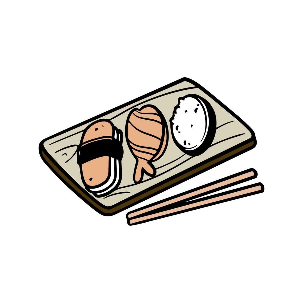 Sushi mão desenhado vintage desenho animado japonês tradicional Comida. vetor