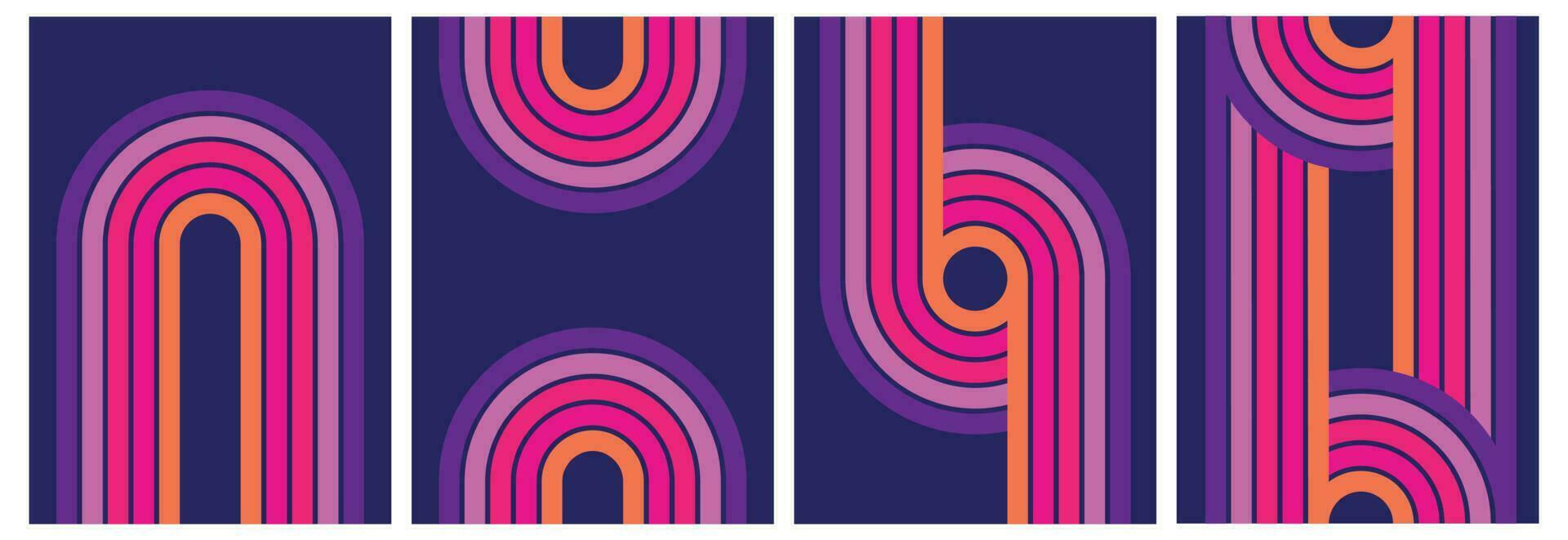 retro futurista abstrato iridescente iridescente fundo conjunto dentro Anos 70 estilo. colorida papel de parede com uma ondulado arco Iris dentro brilhante azul, roxo, vermelho, amarelo cores. vintage curvado listras e linhas backgro vetor