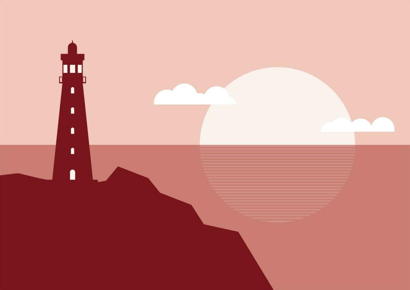 Visão do a farol em a Beira Mar com pôr do sol ou nascer do sol plano Projeto vetor ilustração