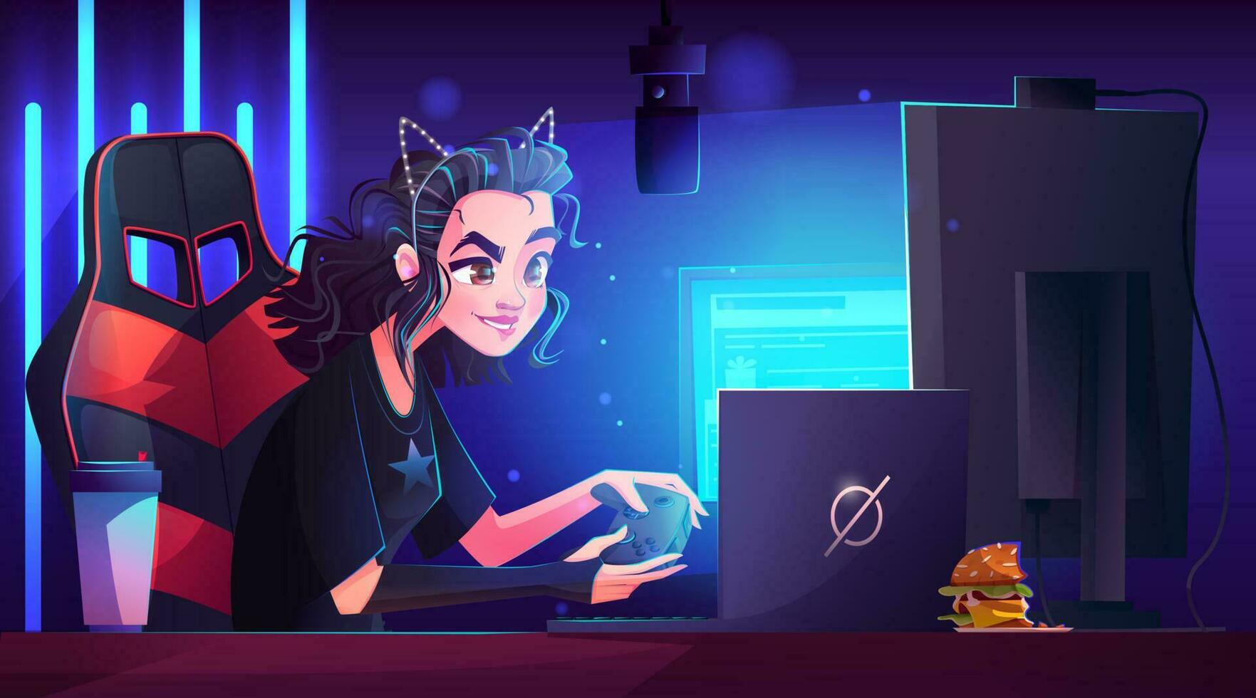 menina jogador personagem e computador equipamento vetor