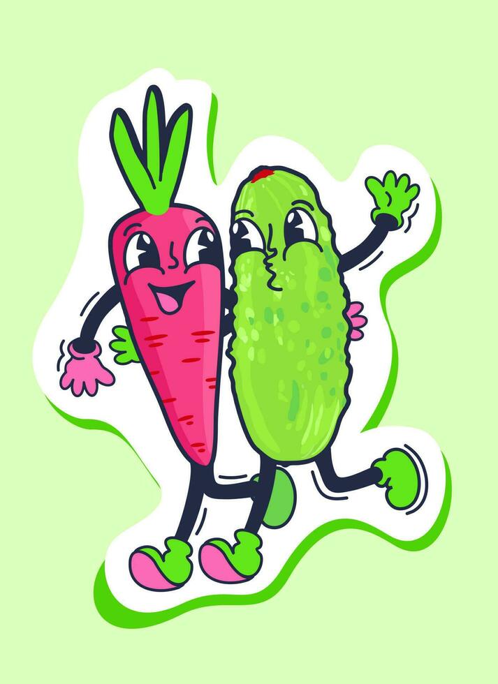 cenoura e pepino. retro desenho animado vetor ilustração.