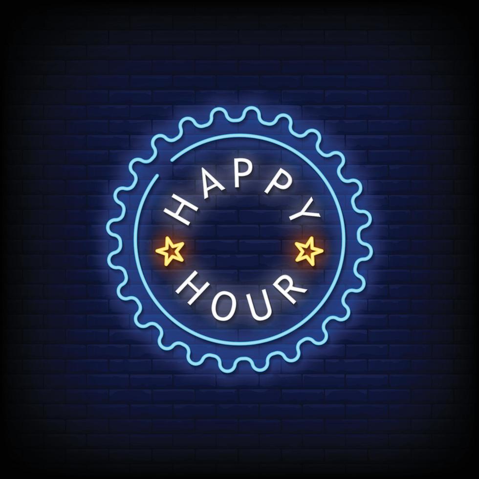 vetor de texto estilo sinais de néon happy hour