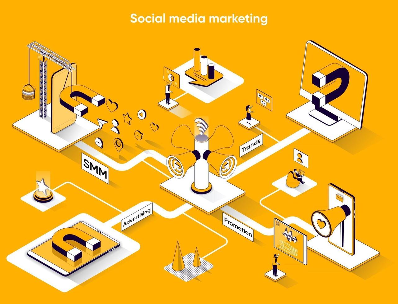 banner web isométrico 3d de marketing de mídia social vetor