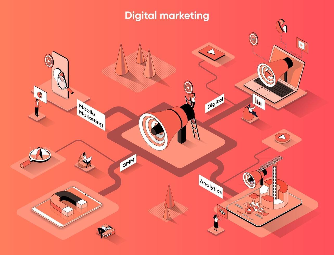 banner web isométrico 3D de marketing digital vetor