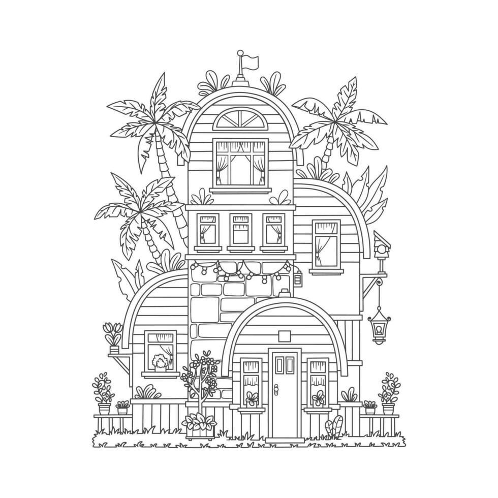 ilustração do uma casa com uma lindo jardim, para uma crianças coloração livro vetor