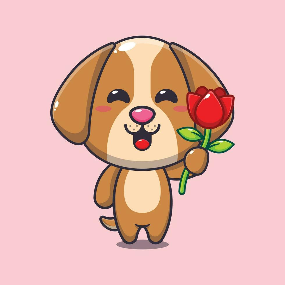 cachorro segurando rosa flor desenho animado vetor ilustração.