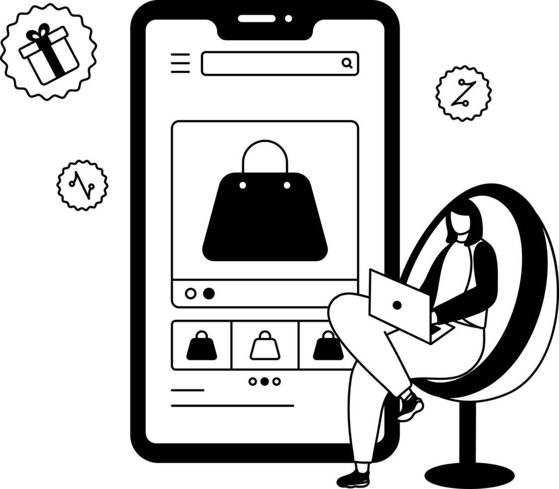 rabisco estilo sem rosto mulher usando computador portátil às poltrona e conectados compras aplicativo dentro Smartphone ilustração. vetor