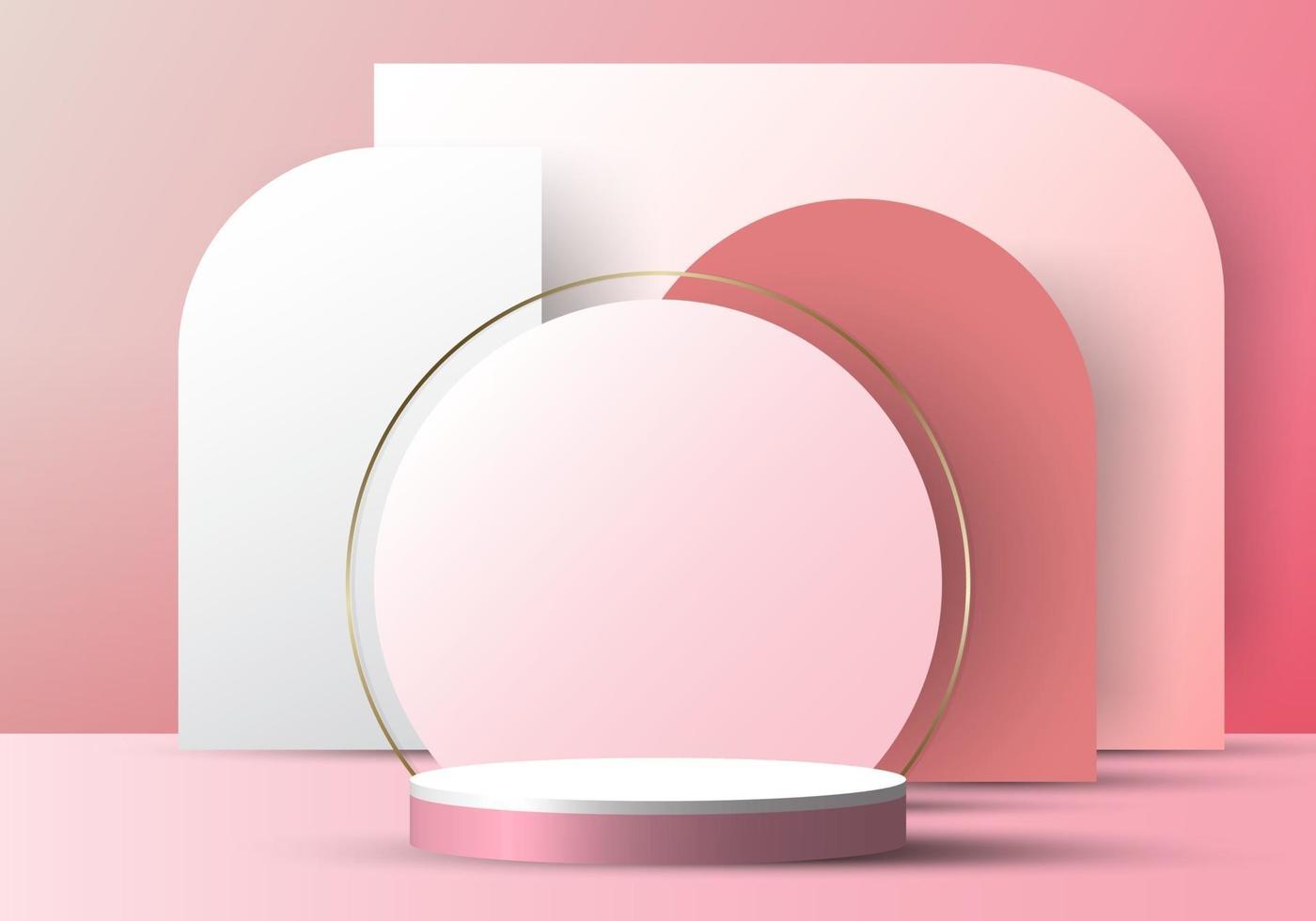 Cilindro branco elegante e realista 3D em um pano de fundo redondo com um círculo em um fundo rosa vetor