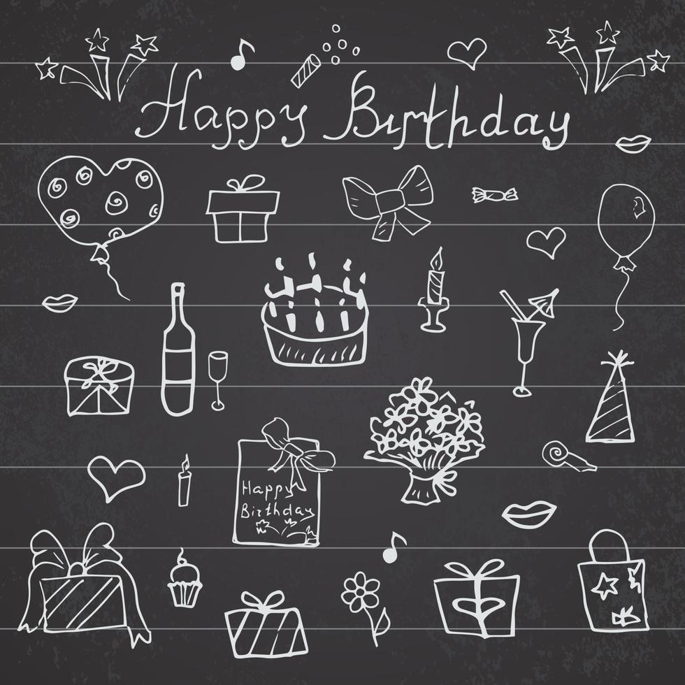 elementos de aniversário desenhados à mão com presente de balões de bolo de aniversário e atributos festivos crianças desenhando coleção de doodle no fundo do quadro-negro vetor