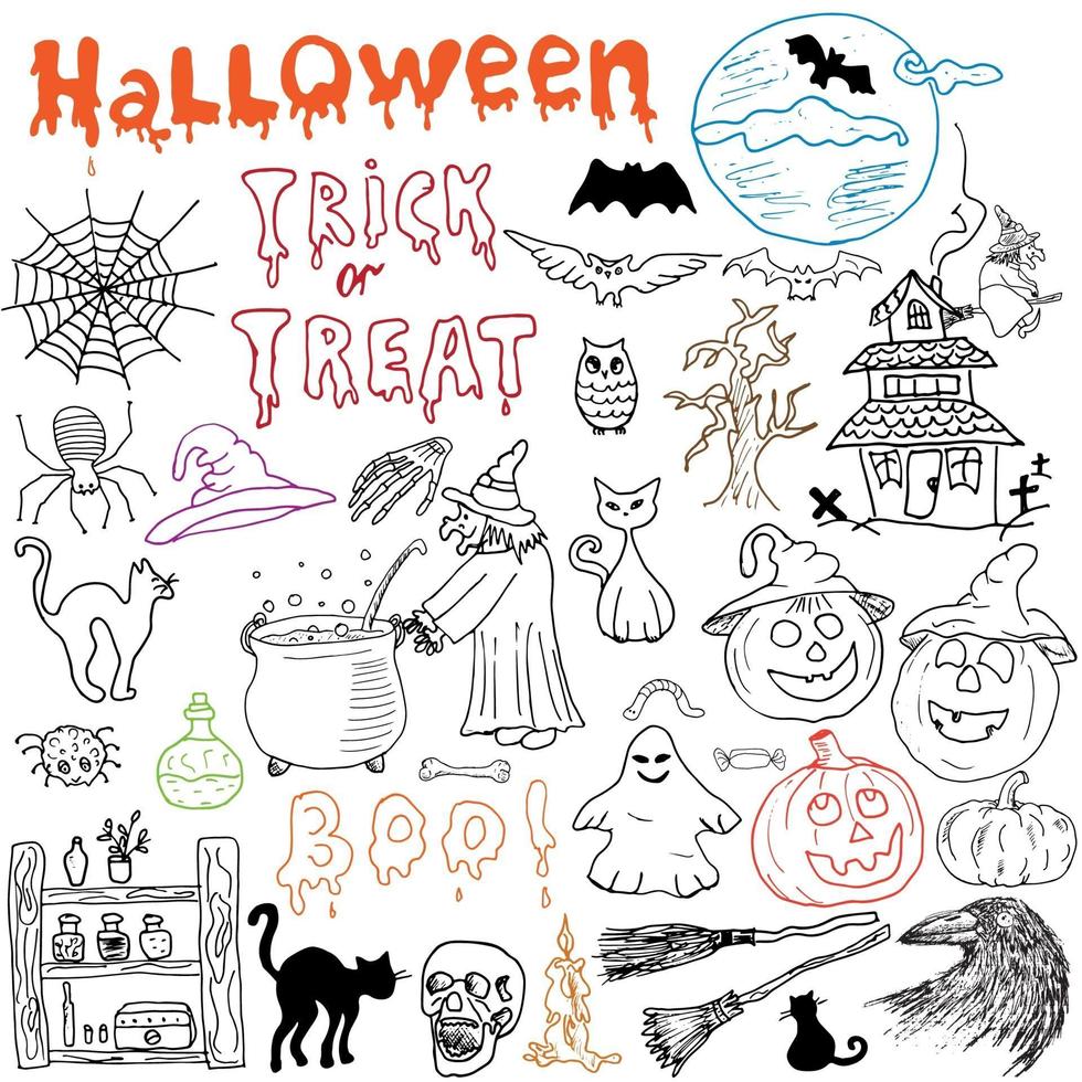 esboço de elementos de design de halloween com abóbora bruxa gato preto fantasma crânio morcegos aranhas com web rabiscos definidos com letras de ilustração vetorial desenhada à mão no fundo do quadro vetor