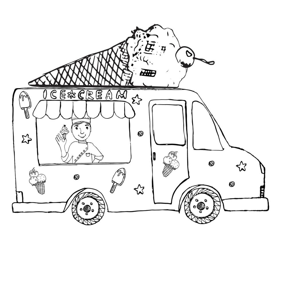 esboço desenhado à mão caminhão de sorvete com vendedor homem e casquinha de sorvete no topo isolado vetor