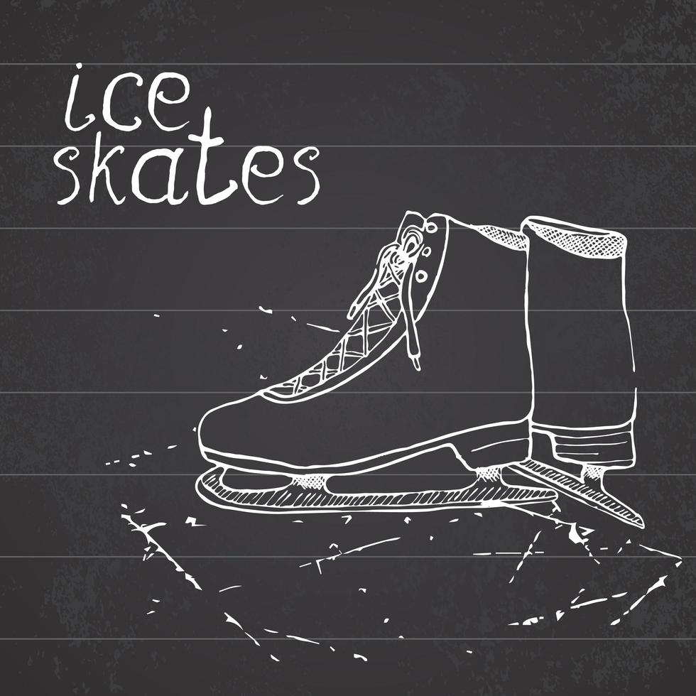 esboço desenhado à mão patins de gelo desenhando elemento de esporte doodle itens de esportes de inverno no fundo do quadro-negro vetor