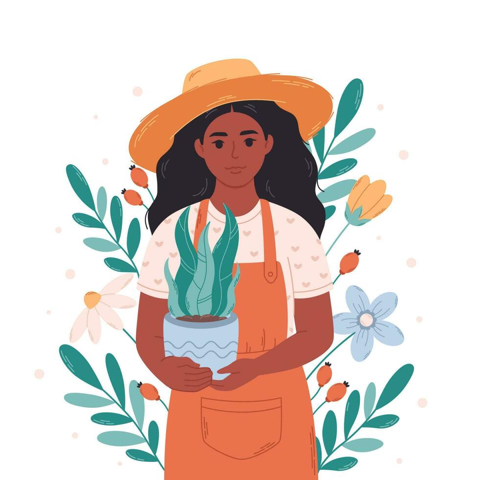 Preto mulher jardineiro com em vaso casa plantar. jardineiro, florista, agricultor, botânica, vendedor dentro uma flor fazer compras vetor