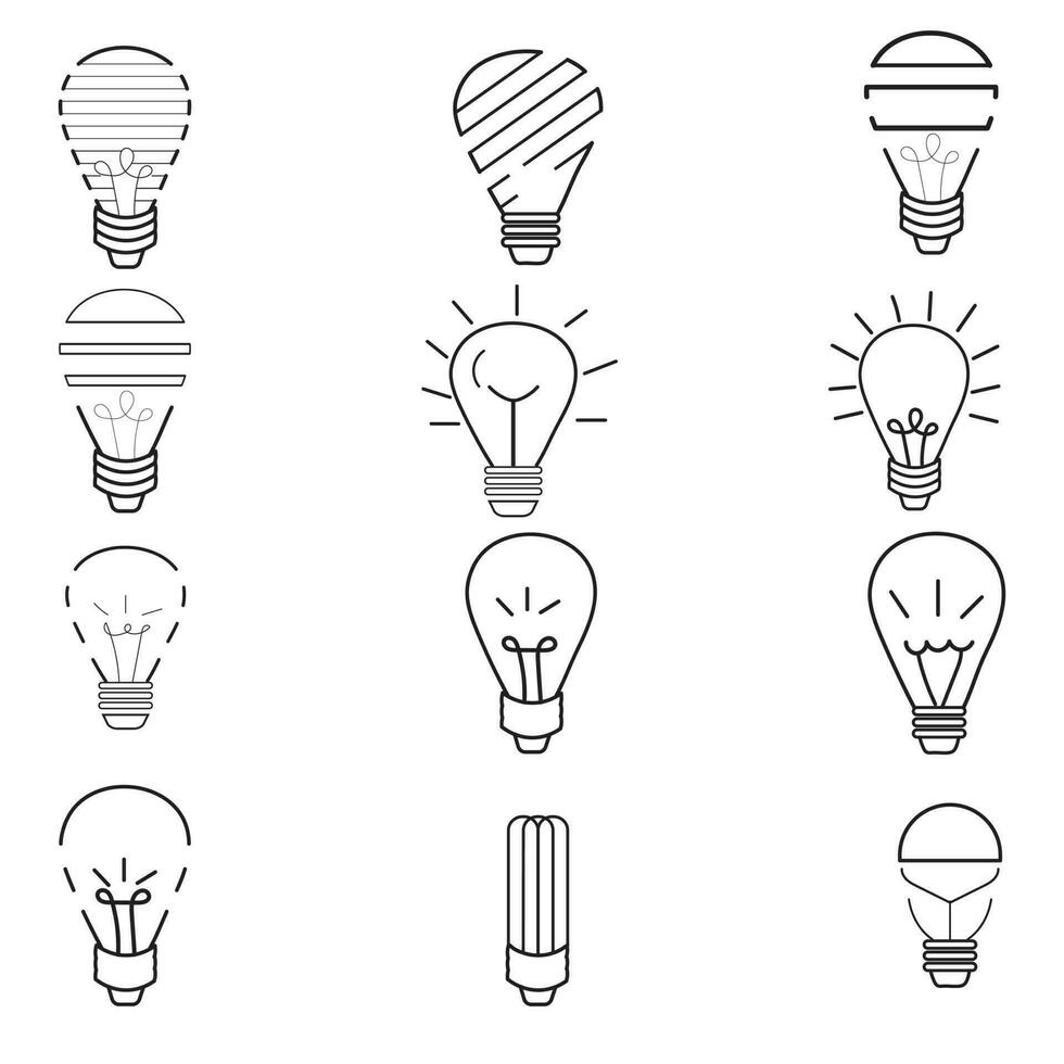 luz lâmpada desenho, luminária rabisco ícone ou esboço com Preto linhas do brilhante, elétrico luminária conceito Preto vetor