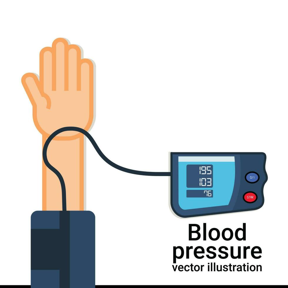 homem medindo paciente sangue pressão. verificação arterial sangue pressão digital dispositivo tonômetro. cuidados de saúde conceito. vetor ilustração plano Projeto. médico equipamento. monitoramento saúde