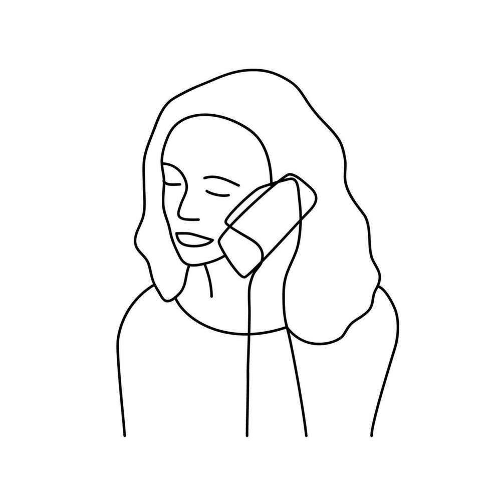 minimalista mão desenhado fêmea vetor retrato dentro moderno abstrato 1 linha desenhando gráfico estilo. decoração imprimir, parede arte, criativo Projeto social meios de comunicação. na moda modelo mulher fala em a telefone