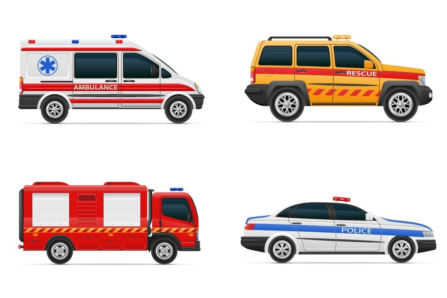 veículos de vários serviços de emergência e resgate ilustração vetorial de carro isolada no fundo branco vetor