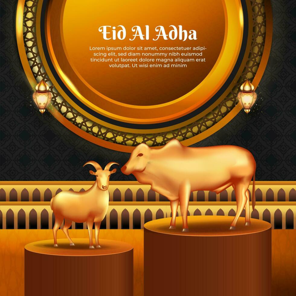 eid al adha islâmico cumprimento cartão com bode e vaca , poster, bandeira projeto, vetor ilustração
