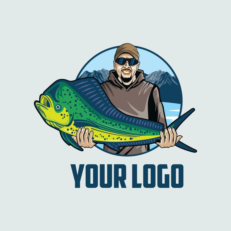 vetor logotipo pescador com mahi mahi peixe