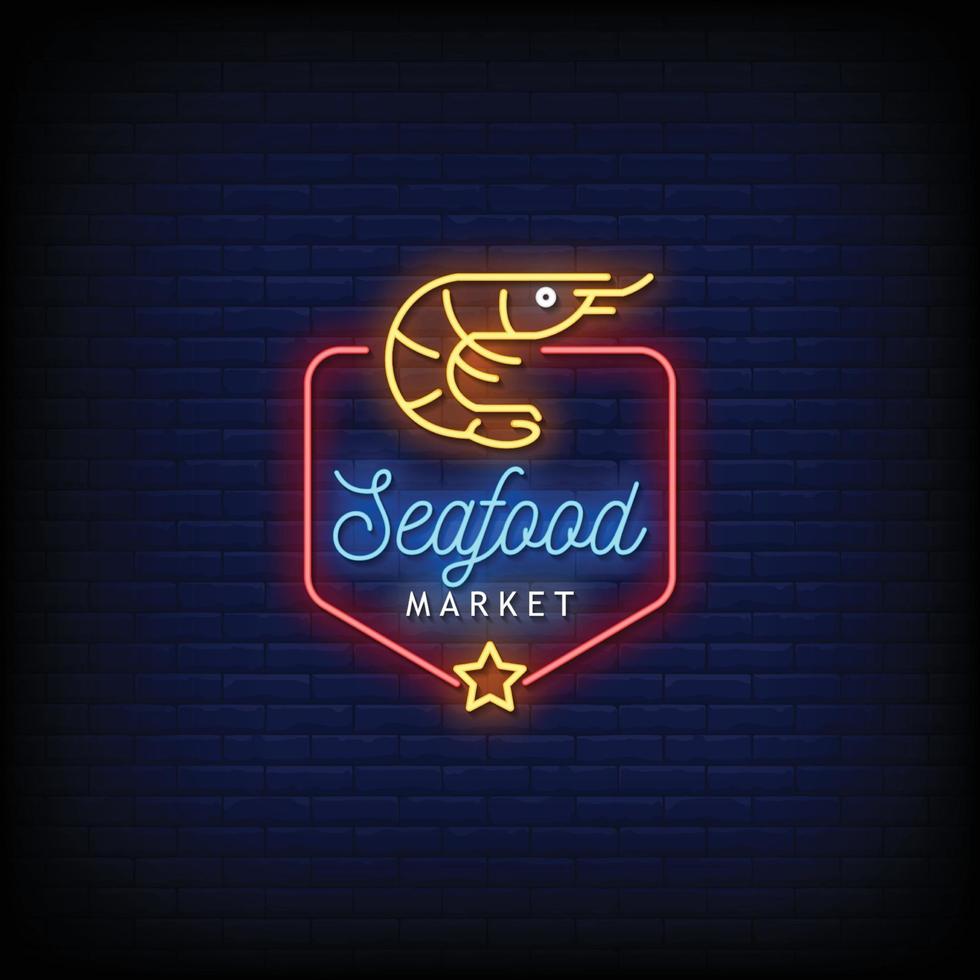 vetor de texto de estilo de sinais de néon de mercado de frutos do mar