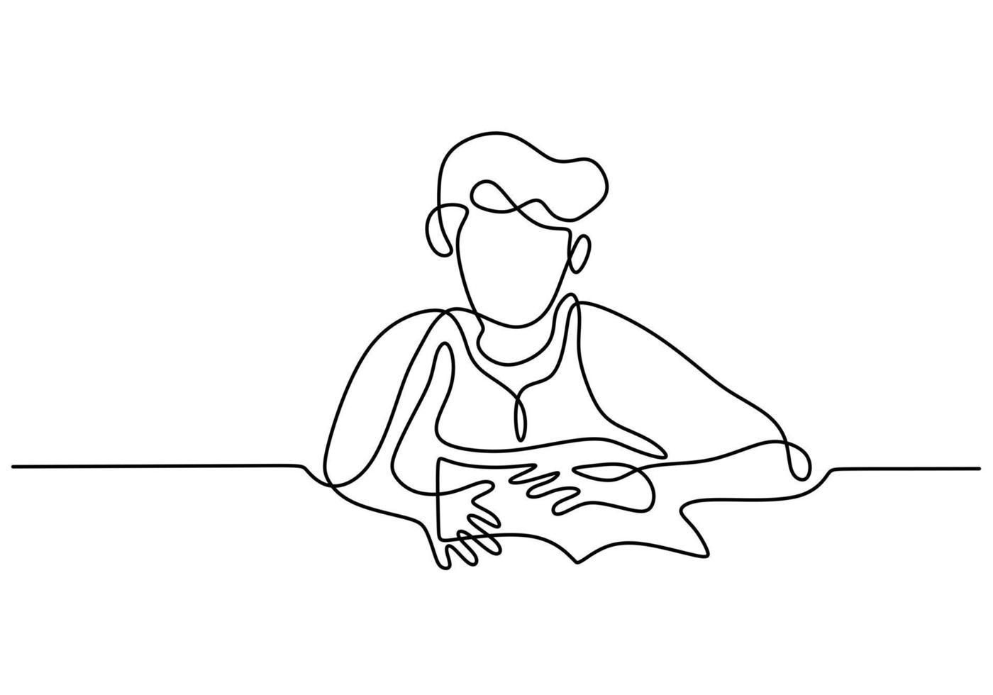 desenho de linha contínua de um menino lendo um livro vetor