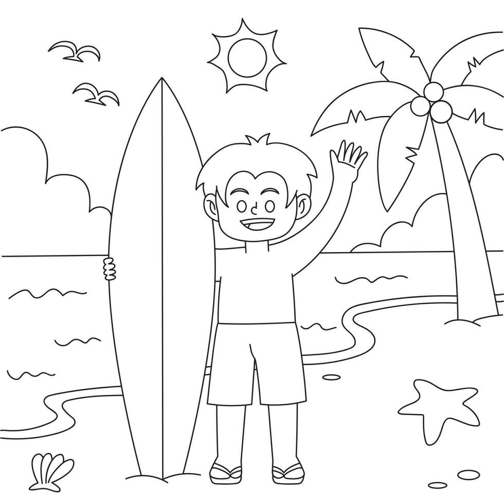 pequeno Garoto segurando prancha de surfe coloração página vetor ilustração