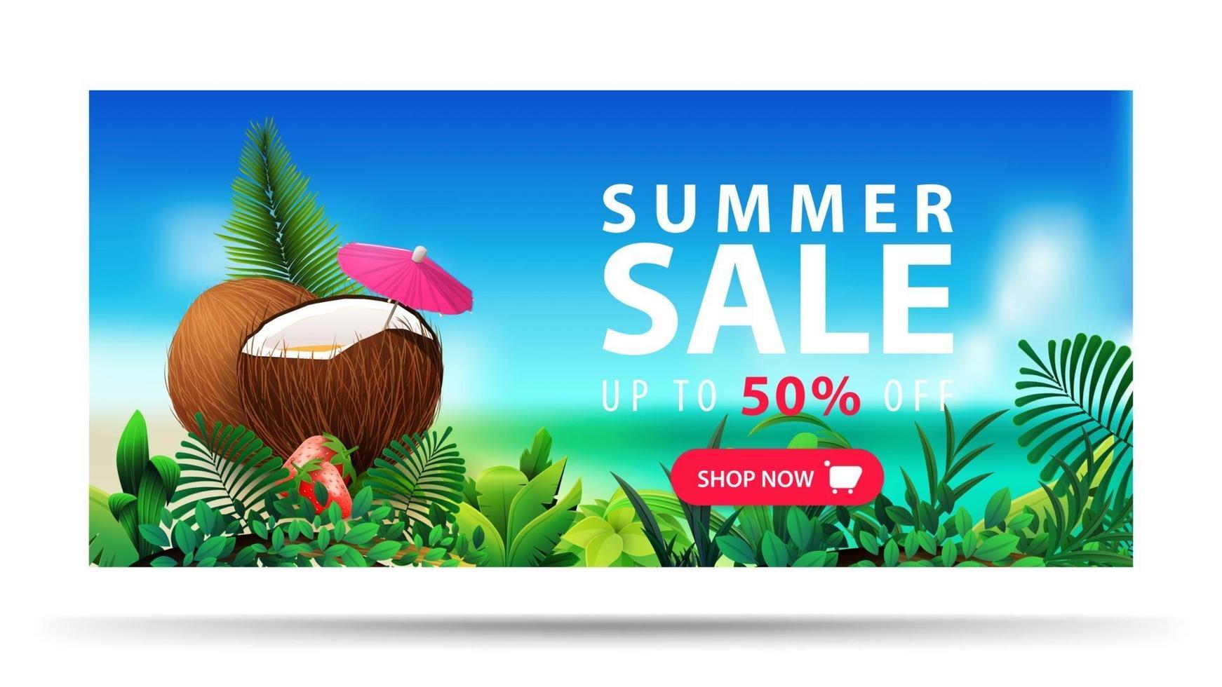 venda de verão até 50 de desconto horizontal banner com mar de coquetel de coco paisagem desfocada no quadro tropical de fundo e oferta com botão vetor