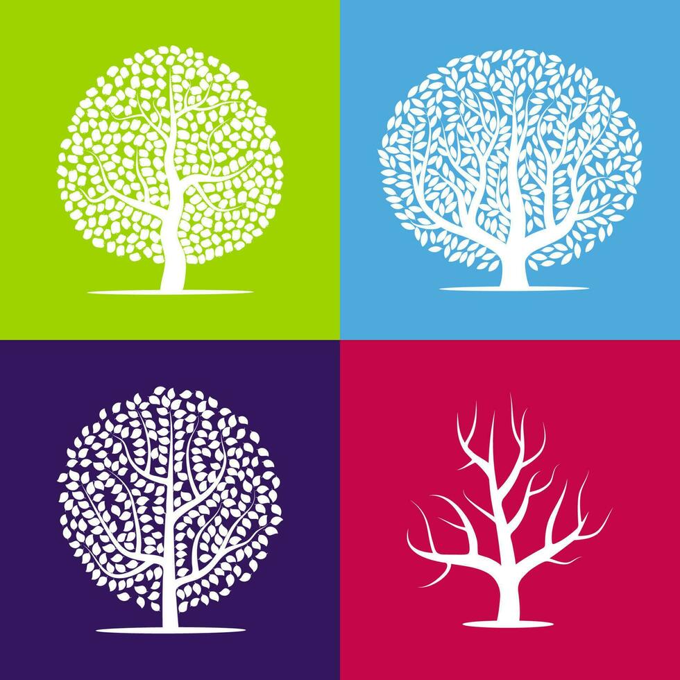 conjunto de quatro silhuetas de árvores em fundos coloridos. ilustração vetorial. vetor