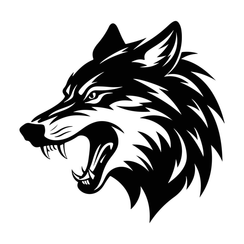 Bravo Lobo face lado, Lobo mascote logotipo, Lobos Preto e branco animal símbolo Projeto. vetor