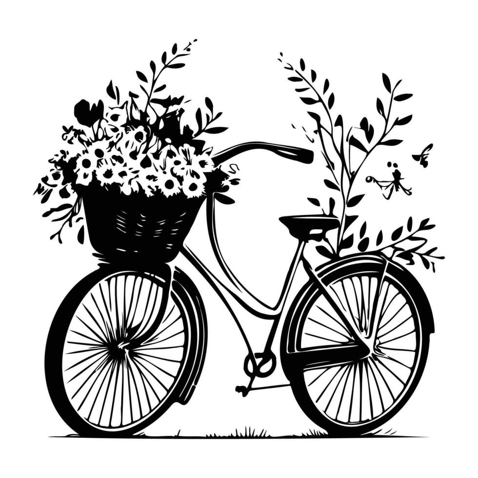 romântico bicicleta com Primavera flores retro bicicleta carregando cesta, com flores e plantas. vetor