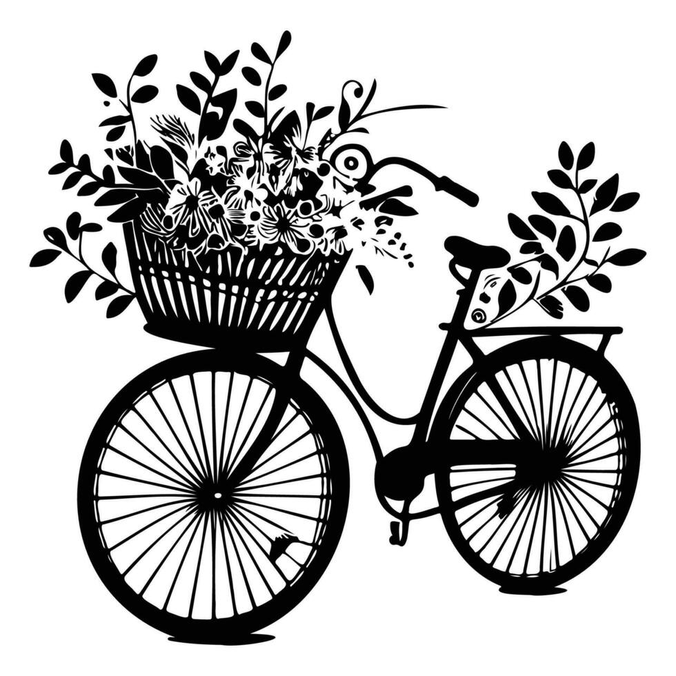 romântico bicicleta com Primavera flores retro bicicleta carregando cesta, com flores e plantas. vetor