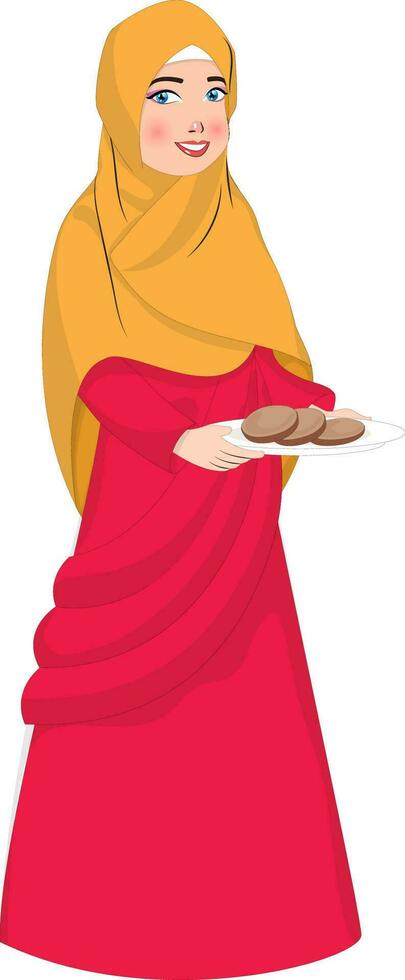 muçulmano mulher segurando uma prato do biscoitos. vetor