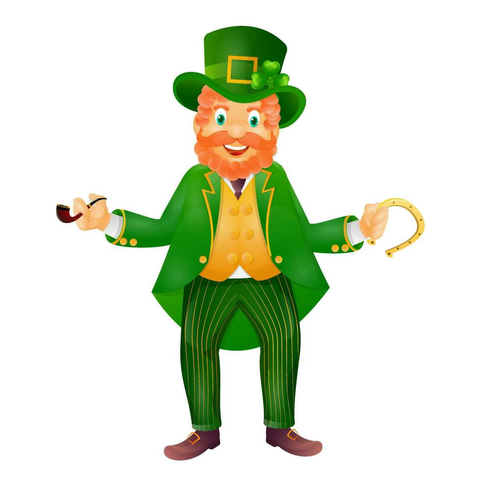 personagem do duende homem segurando ferradura e fumar tubo para st.patrick's dia celebração. vetor