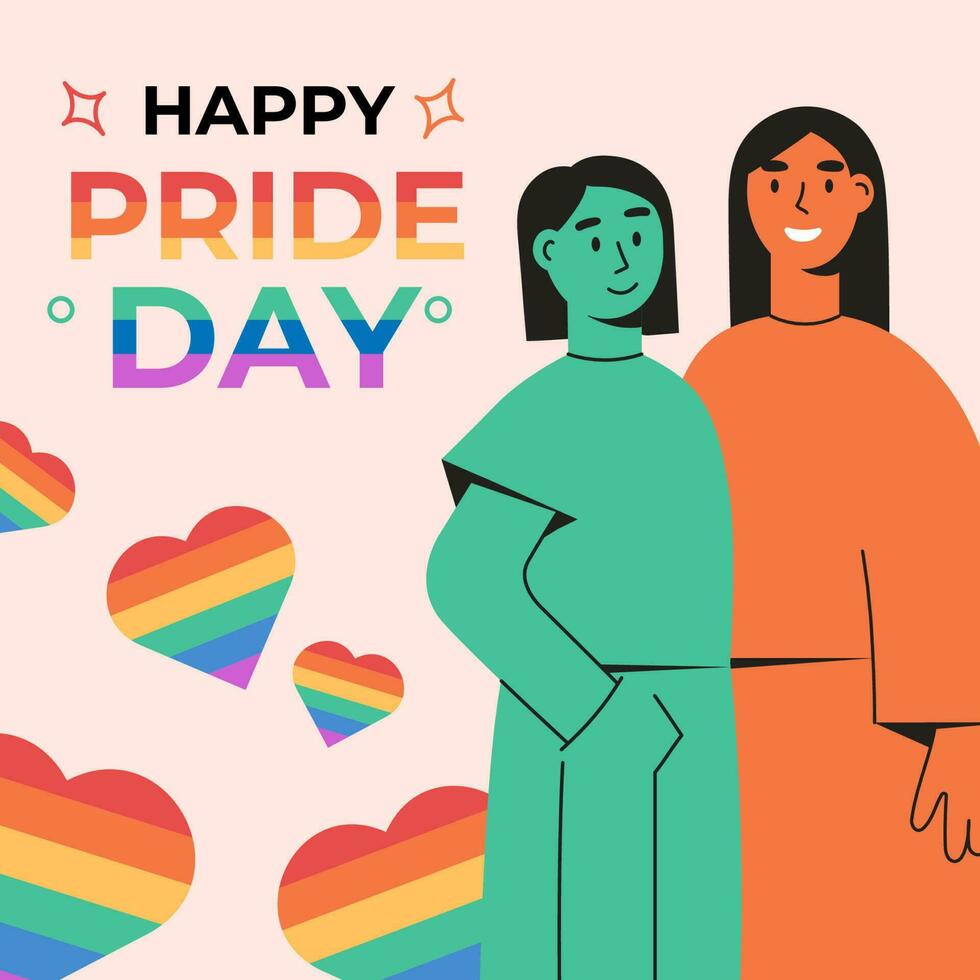 feliz orgulho dia lgbt quadrado bandeira modelo. casal do lgbt mulheres de pé, abraçando junto. colori plano vetor ilustração.