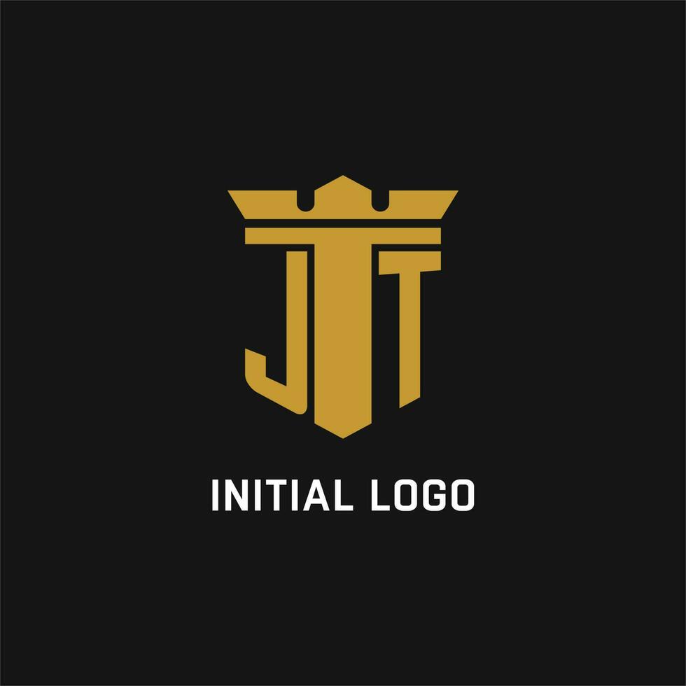 jt inicial logotipo com escudo e coroa estilo vetor