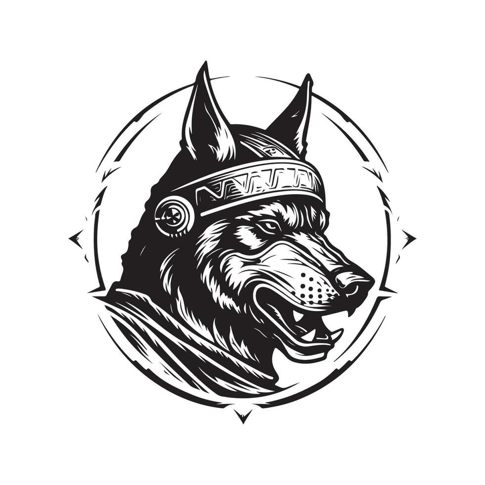 cachorro guerreiro, vintage logotipo linha arte conceito Preto e branco cor, mão desenhado ilustração vetor