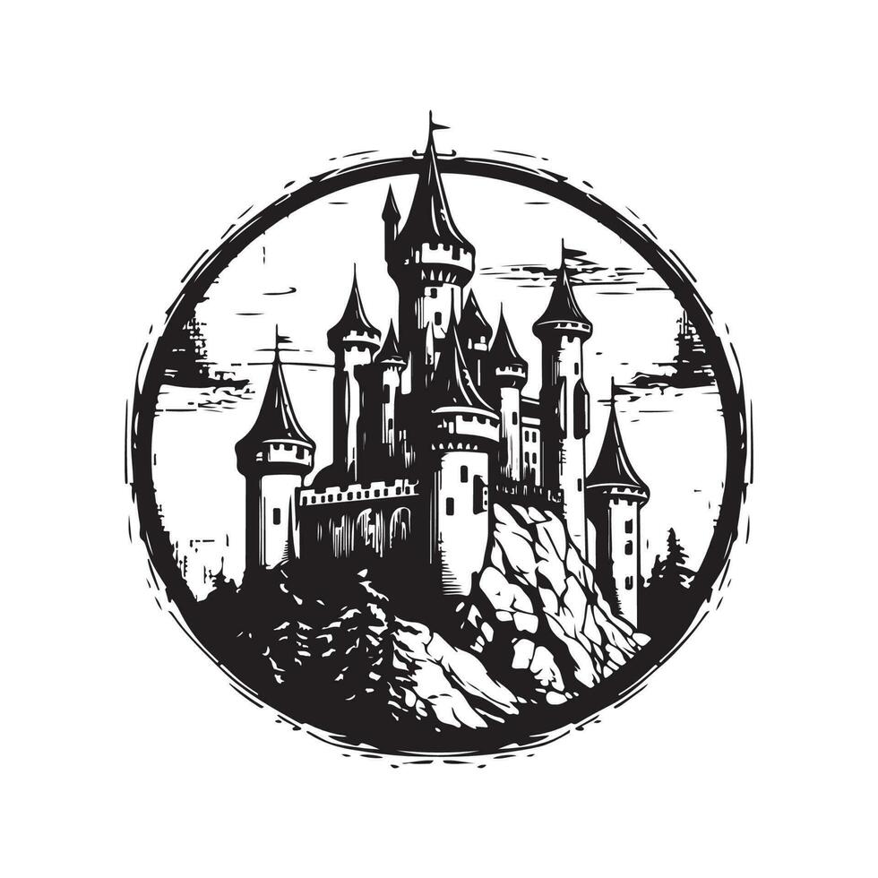 medieval castelo, vintage logotipo linha arte conceito Preto e branco cor, mão desenhado ilustração vetor