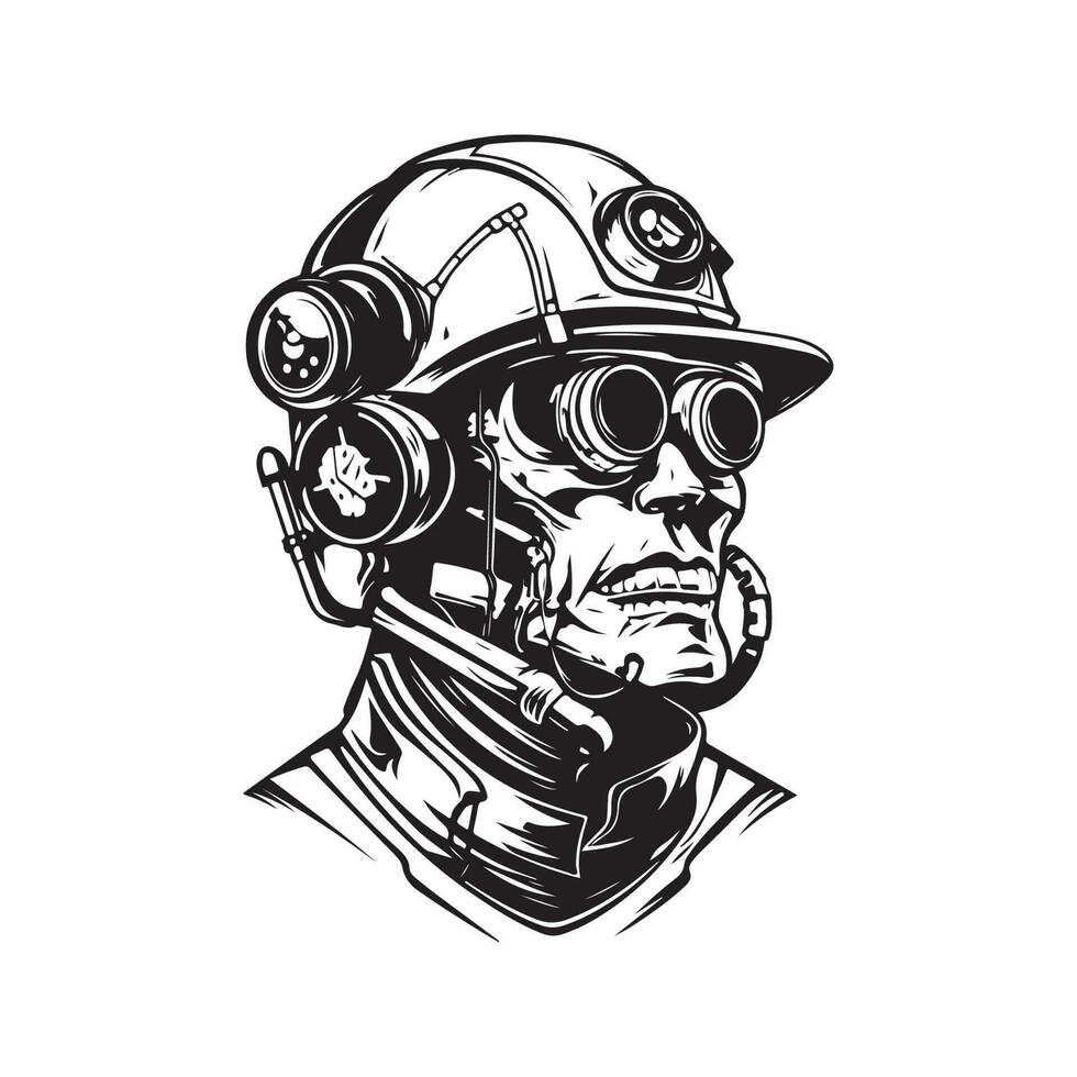 cyborg médico, vintage logotipo linha arte conceito Preto e branco cor, mão desenhado ilustração vetor