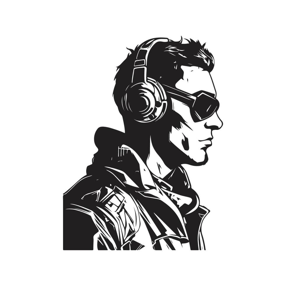 homem vestindo cyberpunk fone de ouvido, vintage logotipo linha arte conceito Preto e branco cor, mão desenhado ilustração vetor