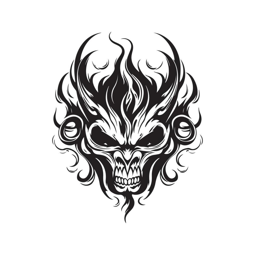 demônio chamas, vintage logotipo linha arte conceito Preto e branco cor, mão desenhado ilustração vetor