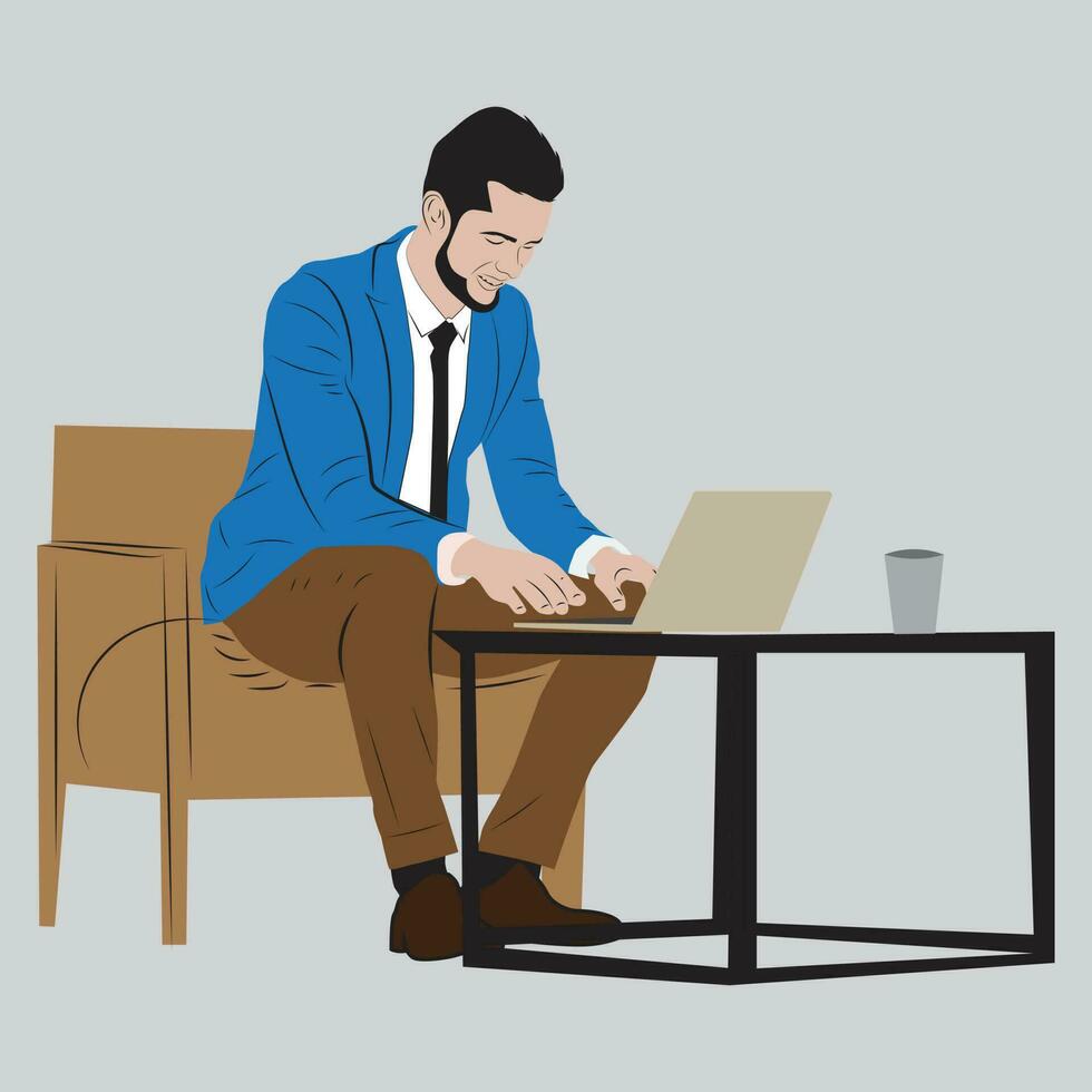 tiro do uma bonito jovem homem de negocios usando dele computador portátil enquanto sentado dentro a escritório vetor