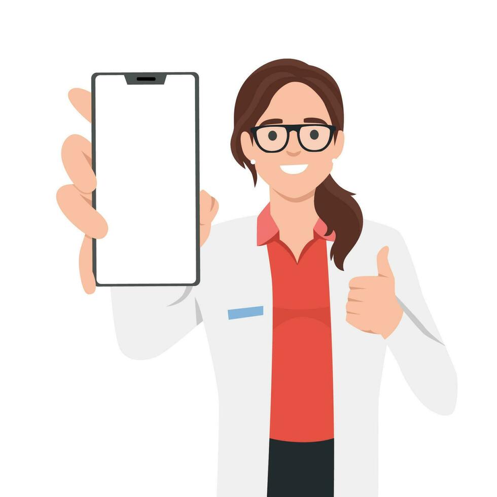 lindo médico ou enfermeira segurando e mostrando em branco telefone tela e mostrando polegar acima. digital Forma de pagamento vetor