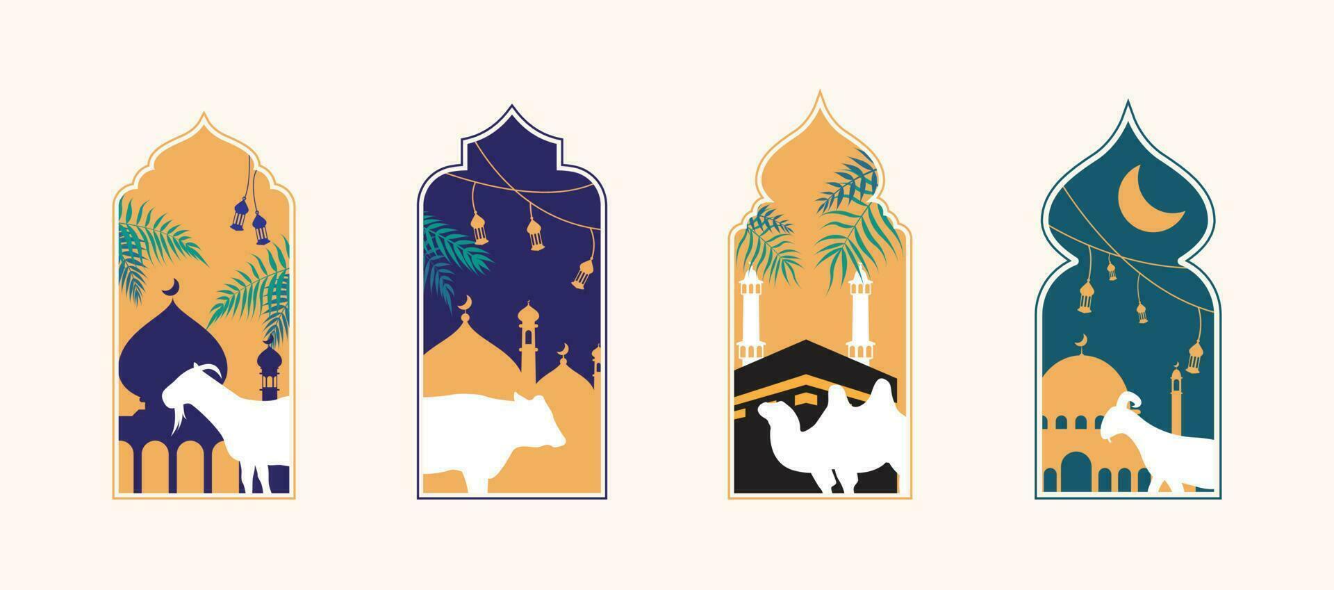islâmico eid al adha sacrificial dia cumprimento cartão com ornamental árabe quadro, Armação com sacrificial ovelha bode vaca e camelo vetor