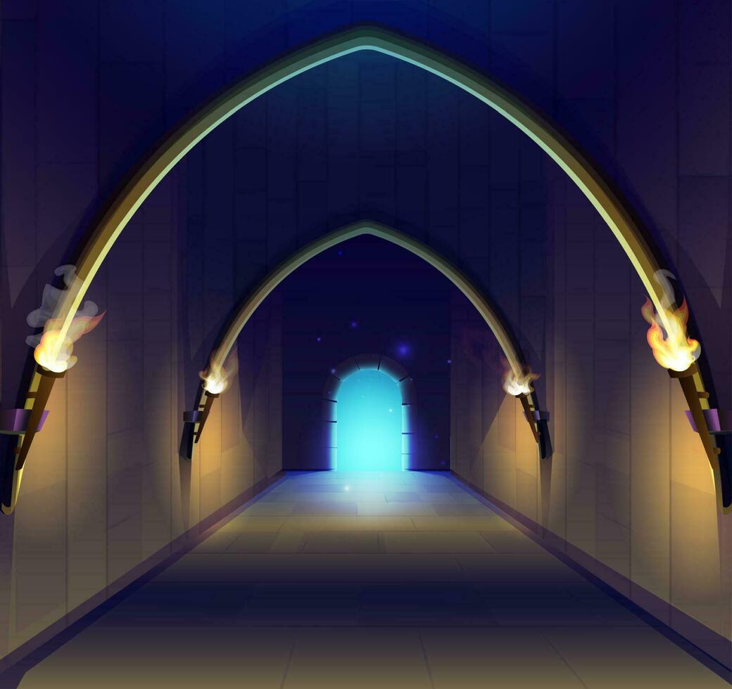 vetor desenho animado estilo ilustração. velho medieval castelo masmorra corredor com chama luz tochas e assustador enjaulado porta.