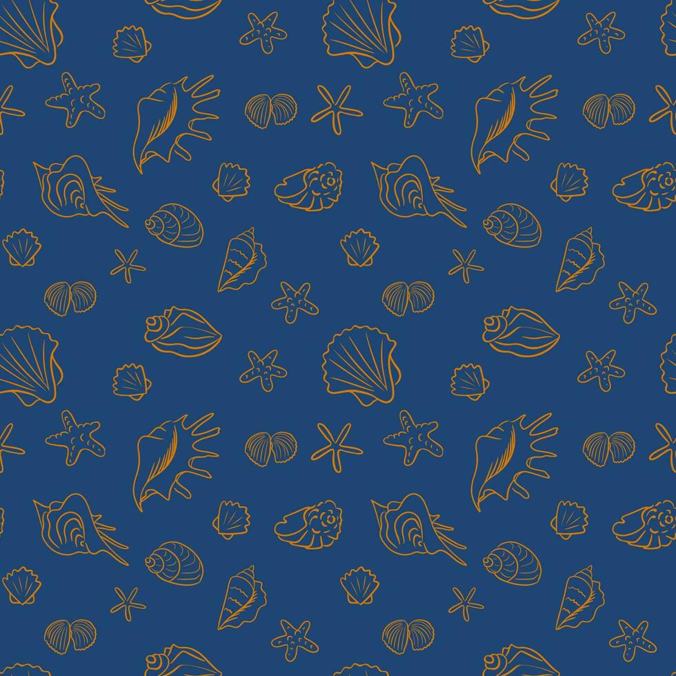 vetor isolado esboço desatado padronizar com conchas do mar e mar estrela. único mão desenhado cartuchos dentro esboço estilo em azul fundo. adequado para papel de parede, invólucro, fundo, decoração, crianças têxtil