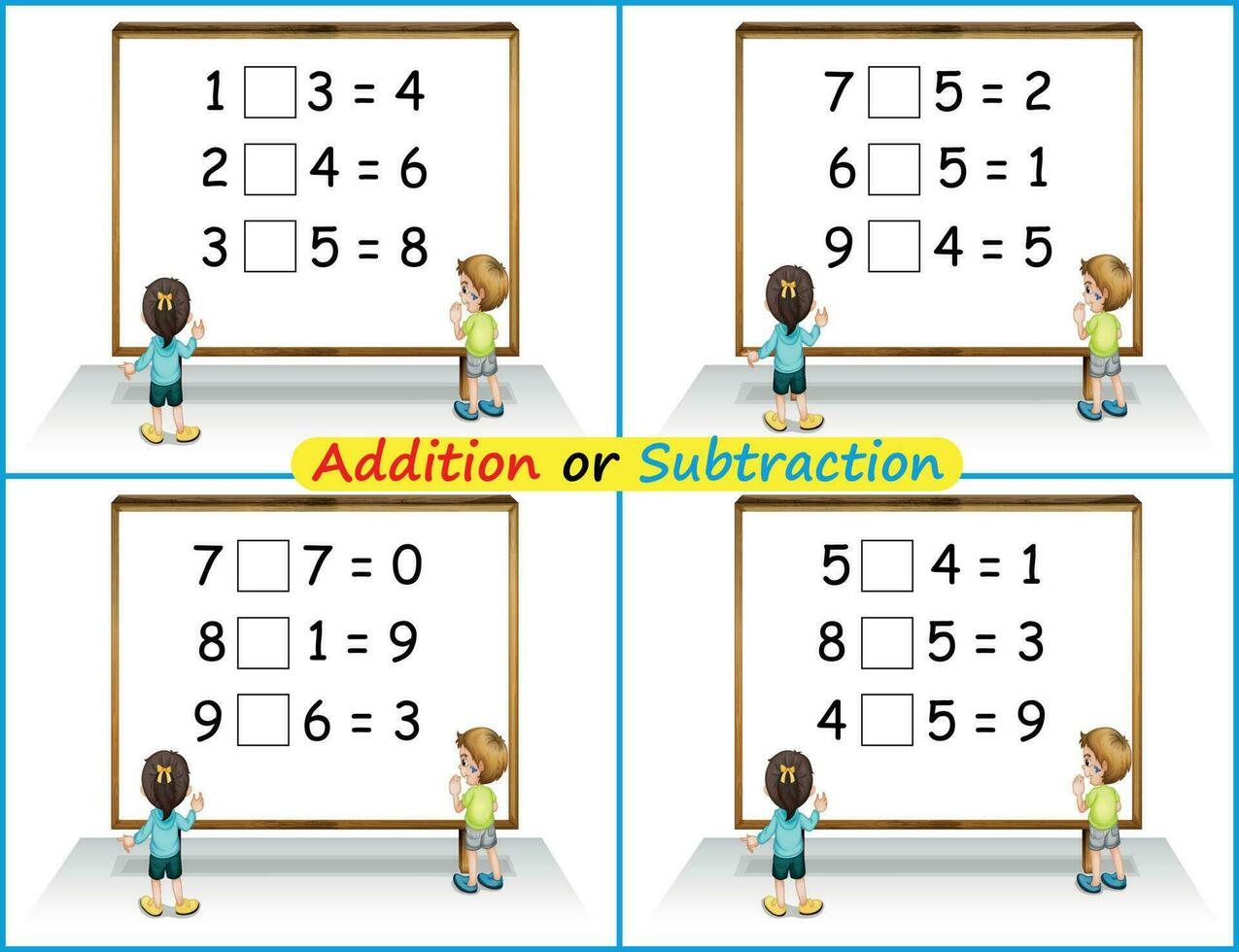 matemática imprimível atividade planilha para crianças. em desenvolvimento numeramento habilidades. número alcance acima para 9. Adição ou subtração. vetor ilustração.