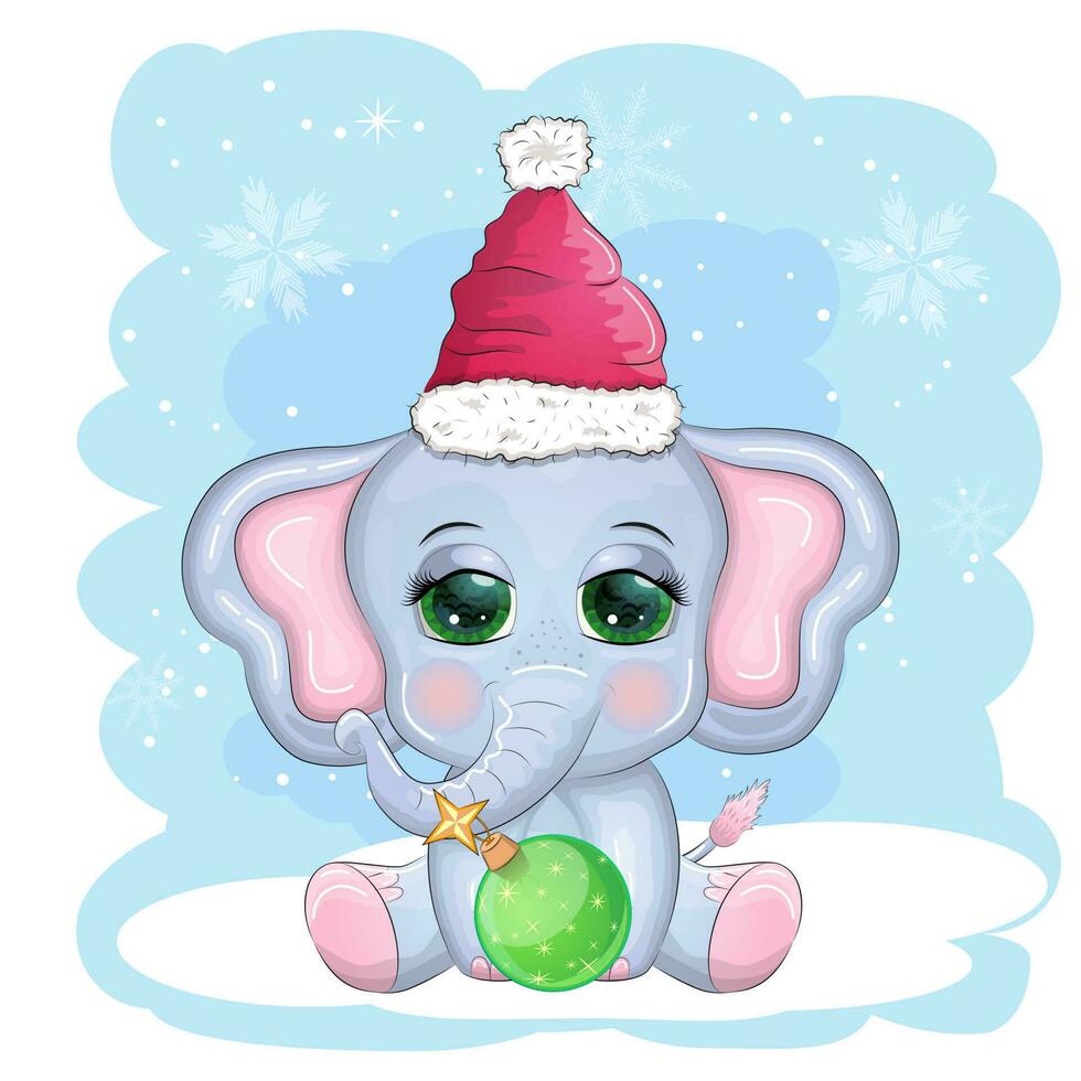 fofa desenho animado elefante, infantil personagem com lindo olhos vestindo santa chapéu, lenço, segurando presente, Natal bola vetor