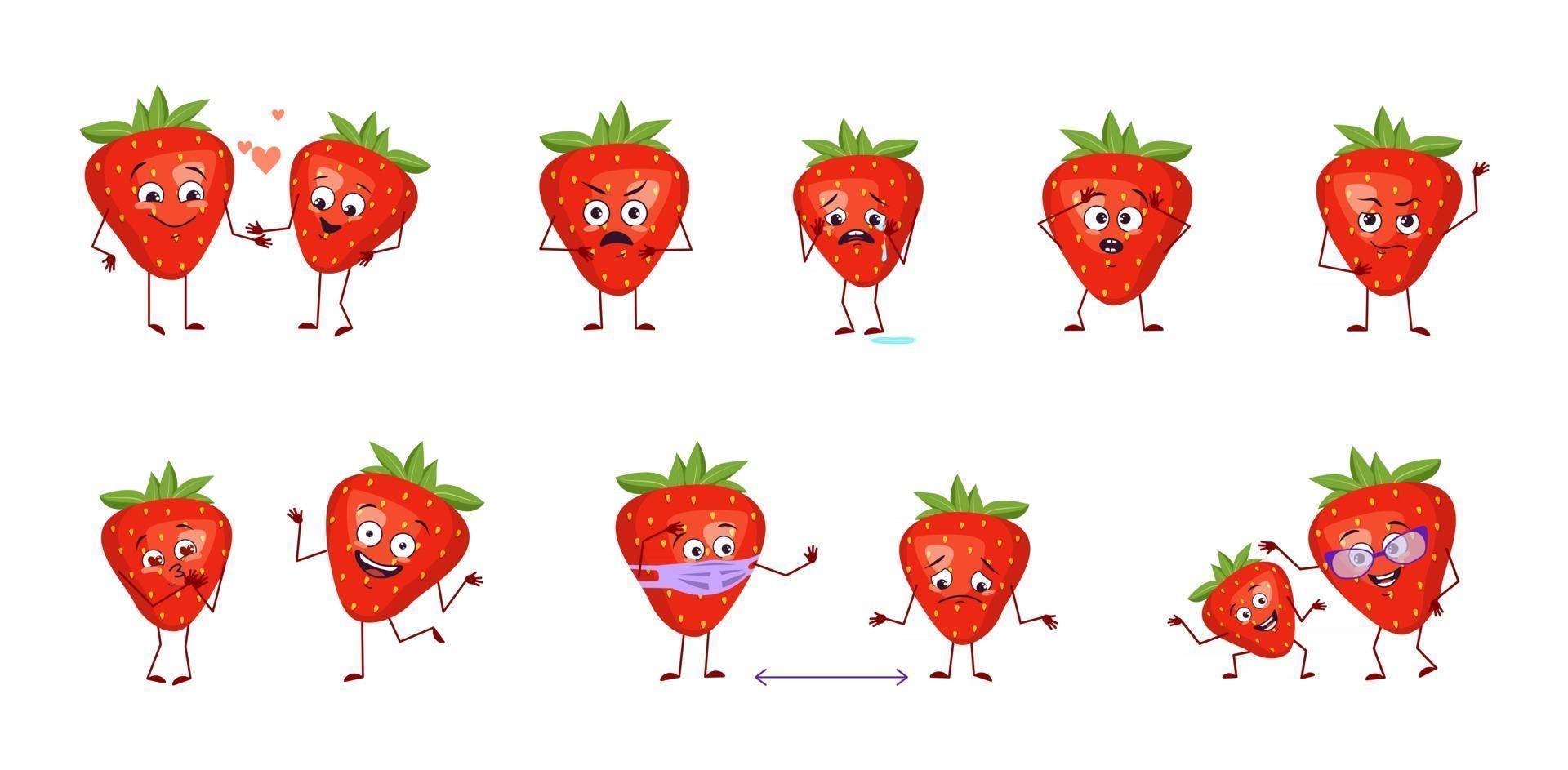 conjunto de personagens fofinhos de morango com emoções rostos braços e pernas heróis felizes ou tristes bagas vermelhas ou frutas brincam de se apaixonar mantenha distância com um sorriso ou lágrimas vetor